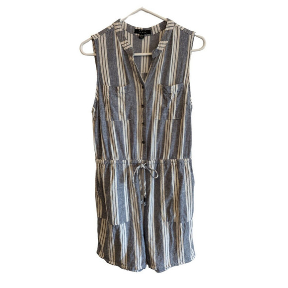 Kelly Renee Romper Women Lrg Gray Wht Striped Button Up Sleeveless Shorts Linen - Picture 1 of 9